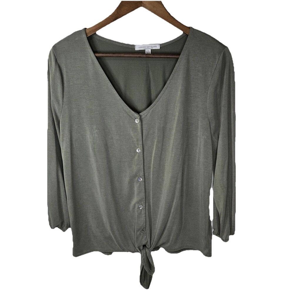 Green Envelope Green V Neck Tie Front Blouse Large